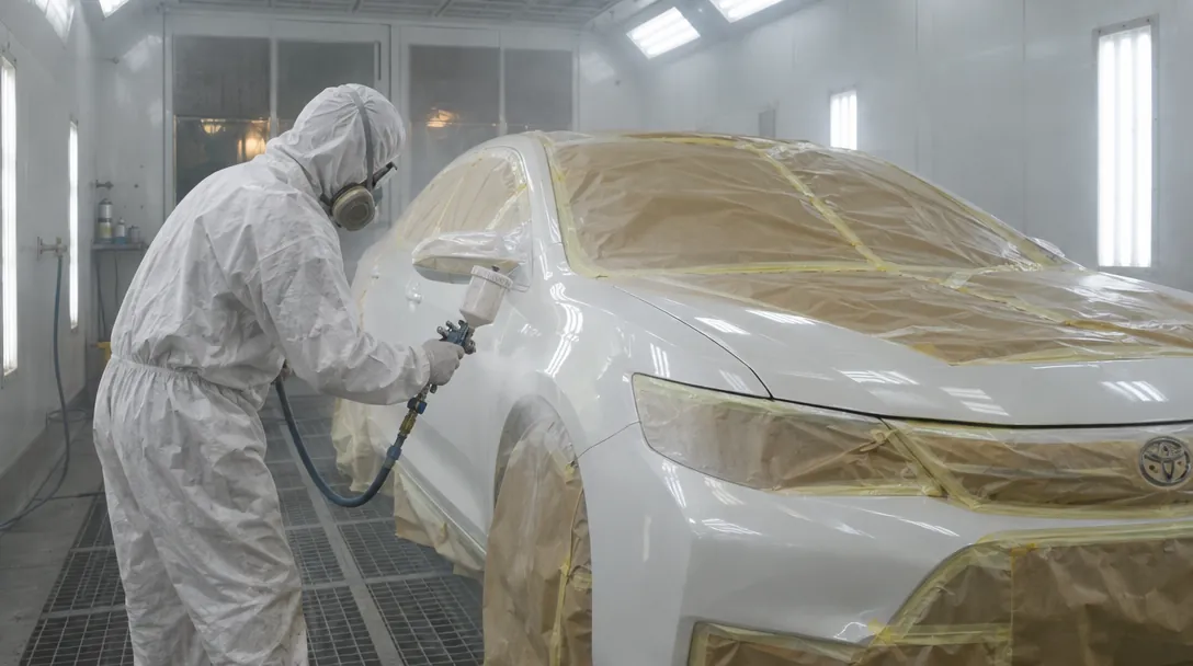 A sedan being spray-painted in the booth
