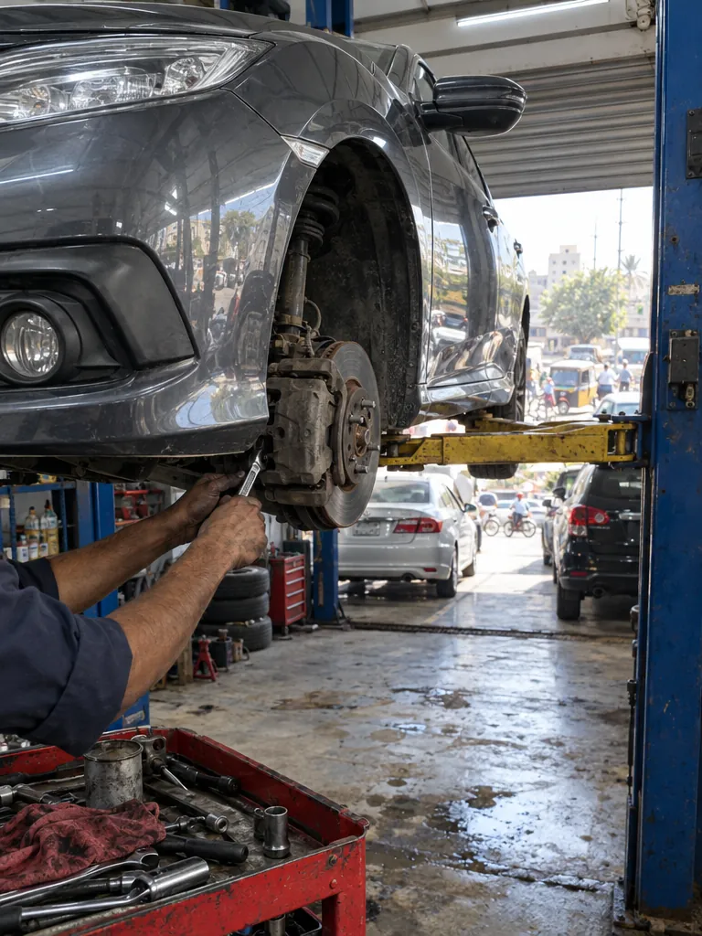 A car on the lift with brake work under way